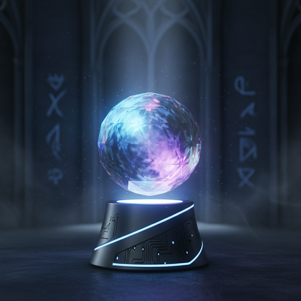 Levitating Crystal Ball Bluetooth Speaker floating above magnetic base with glowing blue and purple light